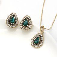 Handmade Emerald Waterdrop Earrings+Crystal Necklace Bohemian Women Ethnic Party N2