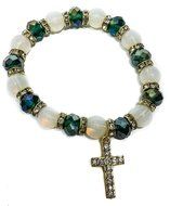 Stretchable Golden Bracelet Green Crystal Beads &amp; Zircons Cross Jerusalem N2