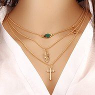QTMY Gold Leaves Eye Feather Cross Star 3 layers Multilayer Necklace N3