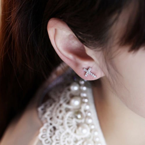 1 Pair Full Rhinestone Crosses-shaped Delicate Ear Stud Earrings Fashion Jewelry N4