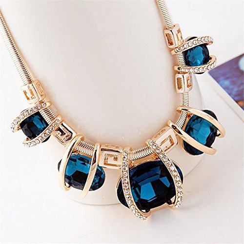 Women Fashion Crystal Pendant Chain Choker Chunky Statement Bib Blue Necklace