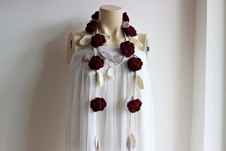 Burgundy Scarf-Rose Crochet Scarf-Necklace Lariat Scarf- Burgundy,Ivory,Taupe Scarf-Burgundy Neckwarmer N3