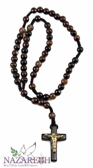 Catholic Praying Rosary Jesus Hematite Crucifix Jerusalem Brown Agate Beads N2