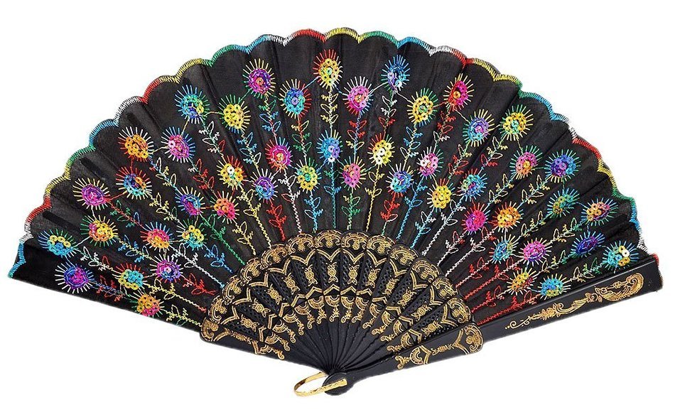 COCOTINA Embroidered Flower Peacock Pattern Sequin Fabric Folding Handheld Hand Fan Hand (Red) N4