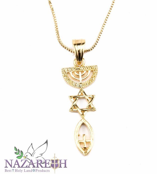 Messianic Star of David Menorah Fish Pendant Gold Plated Necklace From Holy Land N3