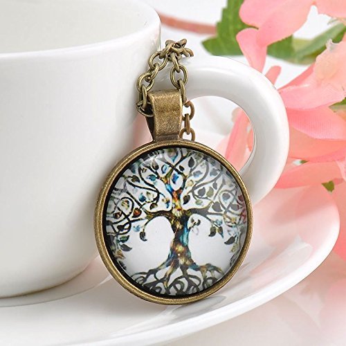 Vintage Fashion Living Tree of Life Cabochon Glass Pendant Bronze Chain Necklace N2