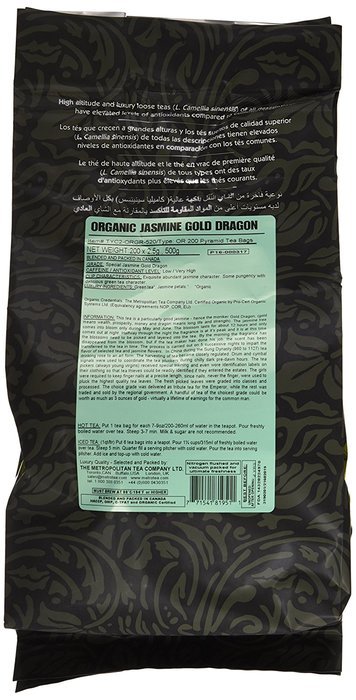 Metropolitan Tea 200 Count Pyramid Shaped Teabags, Jasmine Gold Dragon