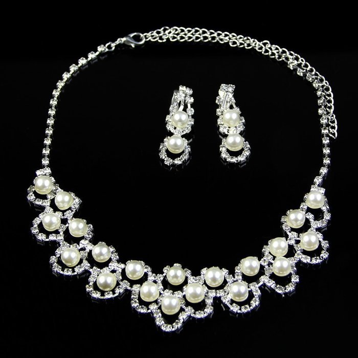 Lings Shop Womens Bridal Jewelry Set Pearl Crystal Earrings Pendant Rhinestone Necklace For 7840