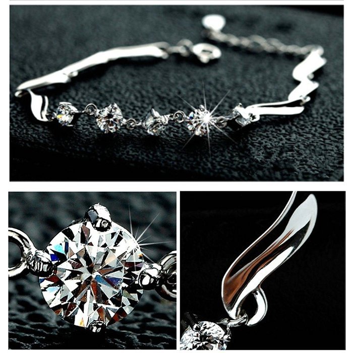 New Women 925 Silver Plated Charm Shiny Crystal Chain Bracelet Bangle N2