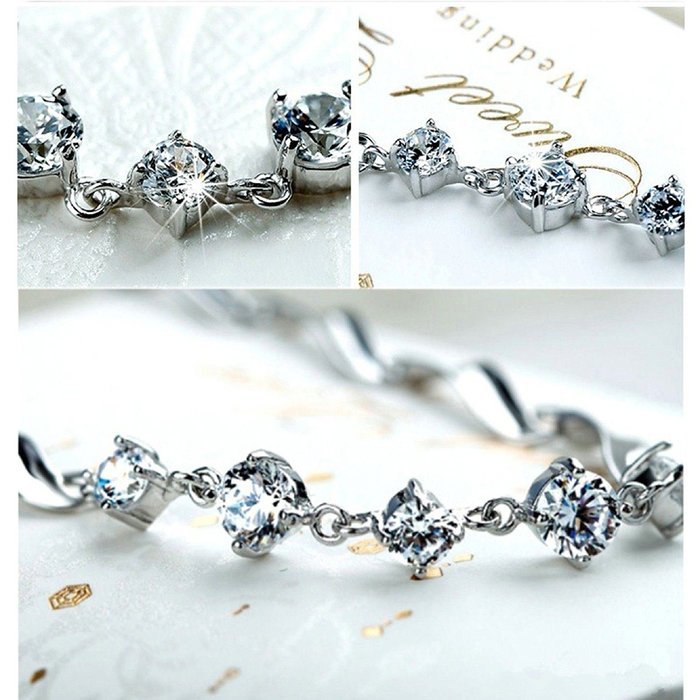 New Women 925 Silver Plated Charm Shiny Crystal Chain Bracelet Bangle N3
