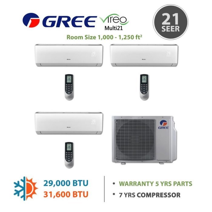 Gree MULTI30BVIR303 - 30,000 BTU Multi21 Tri-Zone Wall Mounted Mini Split Air Conditioner with Heat Pump 220V... N3