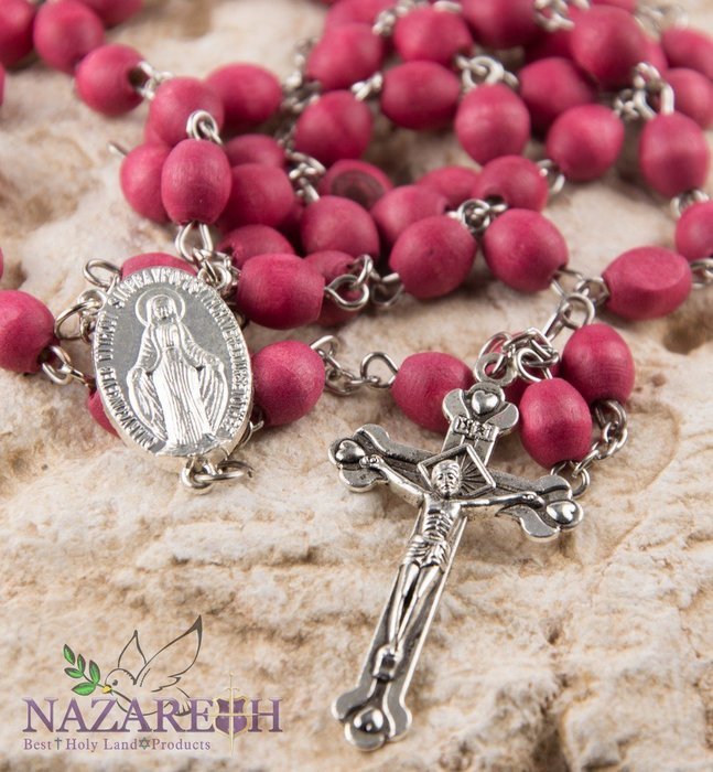 Rose Smell Rosary Petal Red Carved Beads Miraculous Medal & Cross Jerusalem N4