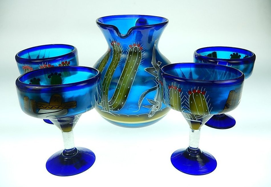 Mexican Glass Margarita and Pitcher, Hand Painted Poncho Cactus (Set of 4)