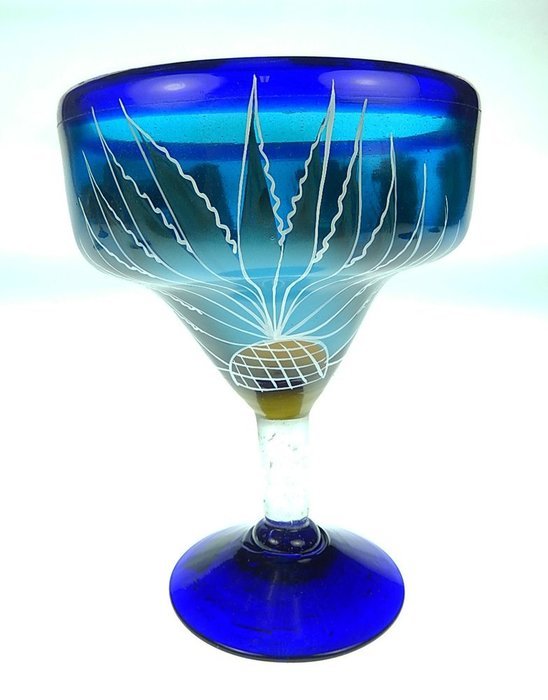 Mexican Glass Margarita and Pitcher, Hand Painted Poncho Cactus (Set of 4) N2