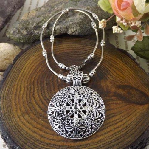 Vintage women necklace flower round pendant tibetan silver Gift New N2