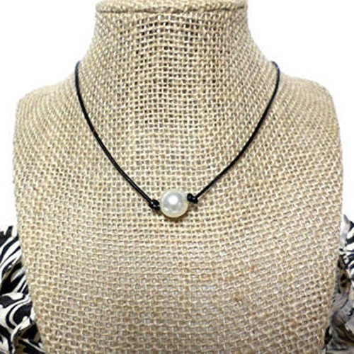 White Freshwater Pearl Black Leather Cord Knot Choker Necklace Charm Friend Gift
