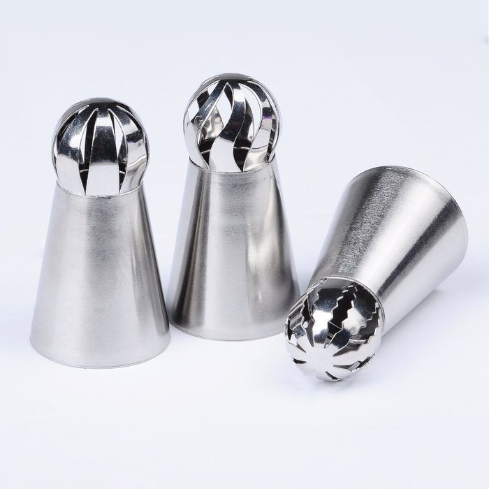 YOUKEE 3PCS New Arrival Unique Sphere Ball Design Small Russian Icing Piping Nozzles with a Tri-color Coupler N2