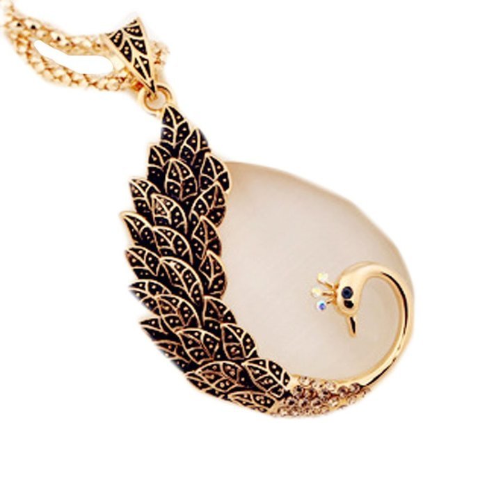 2015 New Style Europe Women Vintage Opals Restoring Long Peacock Sweater Chain (Vintage rose gold) N2