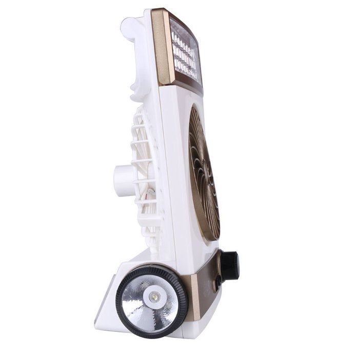 Combo Fan with LED Lantern Light & Rechargeable Flashlight Solar Or Ac Charged (Gold) N7