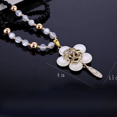 Fashion Chain Necklace Rhinestone Flower Black Pendant Trendy Multilayer Chain