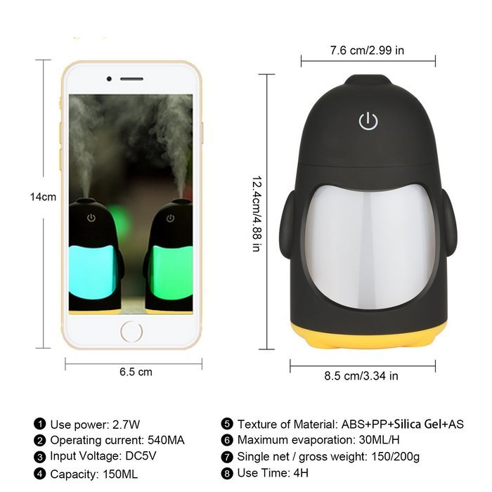 Accmor Penguin 150ml Ultrasonic Cool Mist Humidifier, Mini Portable Virtually Silent Diffuser with Night Light... N3