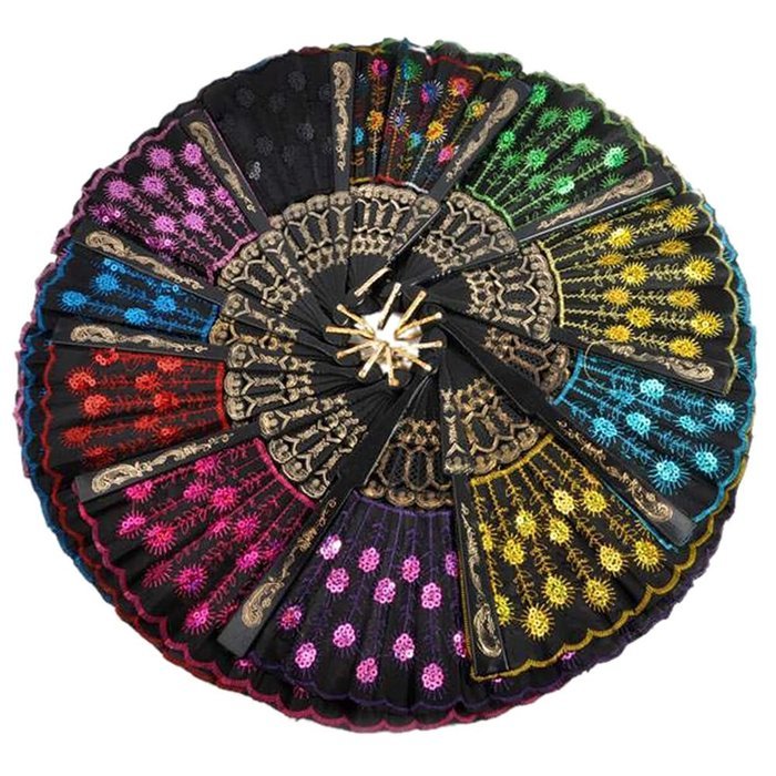 COCOTINA Embroidered Flower Peacock Pattern Sequin Fabric Folding Handheld Hand Fan Hand (Red) N5