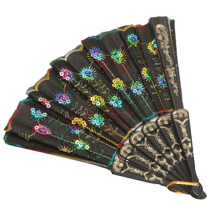 COCOTINA Embroidered Flower Peacock Pattern Sequin Fabric Folding Handheld Hand Fan Hand (Red) N6
