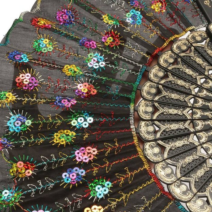 COCOTINA Embroidered Flower Peacock Pattern Sequin Fabric Folding Handheld Hand Fan Hand (Red) N7