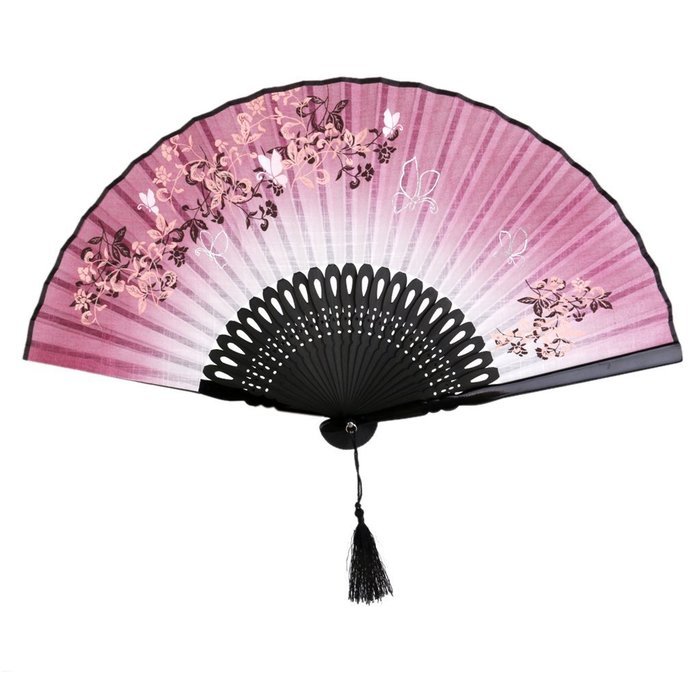 Linen Butterfly Flowers Hand Fan Lacquer Handle Japanese Folding Fan Cosplay Costome Accs Pink N3