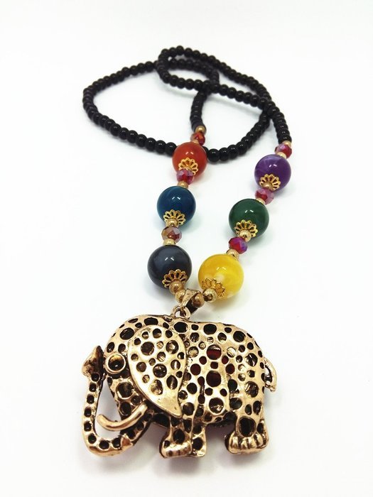 QTMY Diamond Black Beaded Statement Long Chain Necklace Bohemian Jewelry with Big Elephant Pendant for Women N4