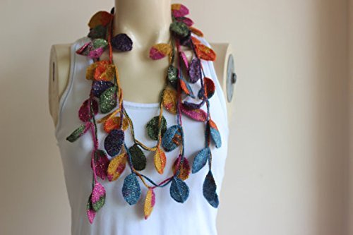 Leaves Necklace Scarf-Multicolor Crochet Necklace-Multicolor Lariat Scarf-Mohair Crochet Scarf with Gold Glitter... N5