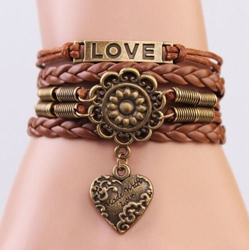 Infinity LOVE Heart Flower Friendship Antique Copper Leather Charm Bracelet ONE N3