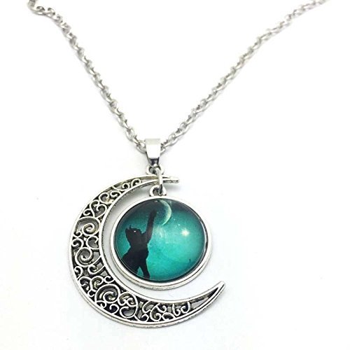 Vintage Cat touch moon Cabochon Silver plated chain necklace Moon pendant N2