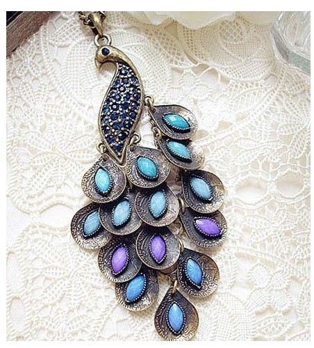 Fashion Bronze Style Peacock Blue Crystal Chain Pendant Necklace 27.5''