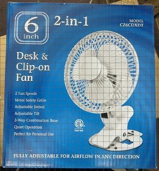 6" 2-in-1 Desk and Clip-on "2 Speed" Quiet Operation Fan