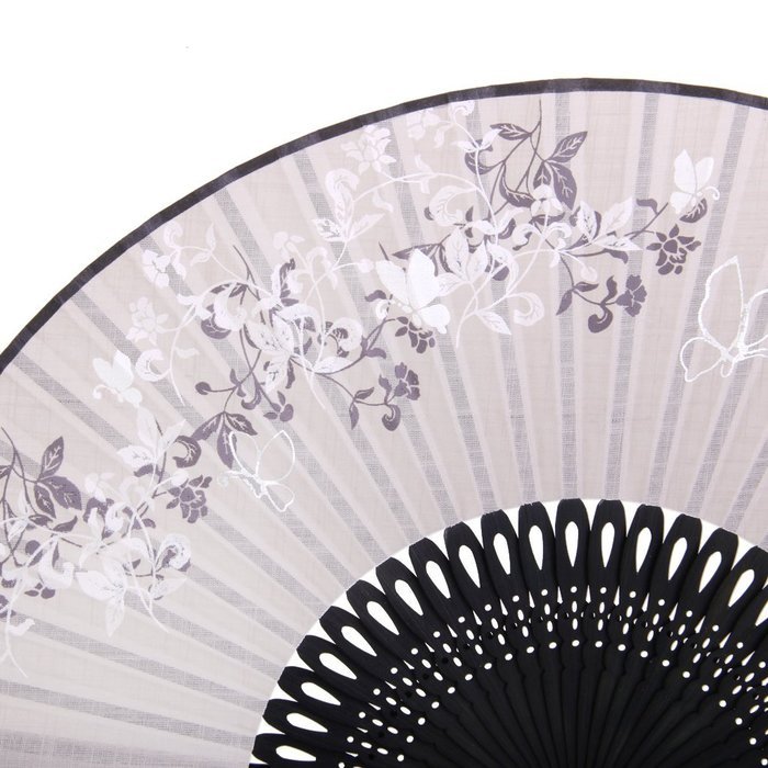 Linen Butterfly Flowers Hand Fan Lacquer Handle Folding Fan Gray N3