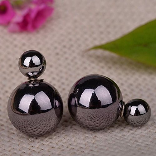 Hematite Two Beads Double Graceful Ball Ear Silver Plated Sided Stud Earrings N2