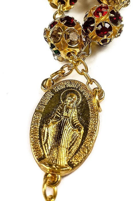 Colorful Zircon Beads Golden Rosary Catholic Necklace Miraculous Medal Cross N2
