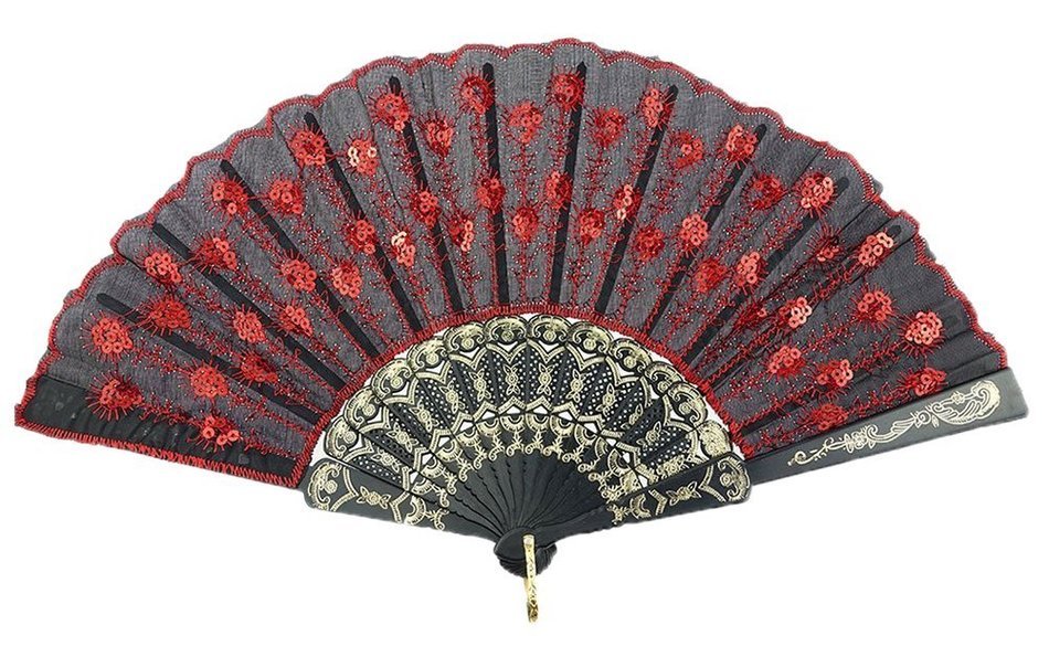 COCOTINA Embroidered Flower Peacock Pattern Sequin Fabric Folding Handheld Hand Fan Hand (Red) N10