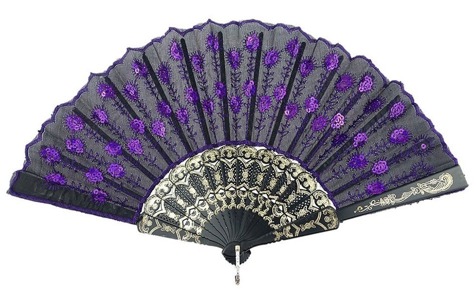 COCOTINA Embroidered Flower Peacock Pattern Sequin Fabric Folding Handheld Hand Fan Hand (Red) N11