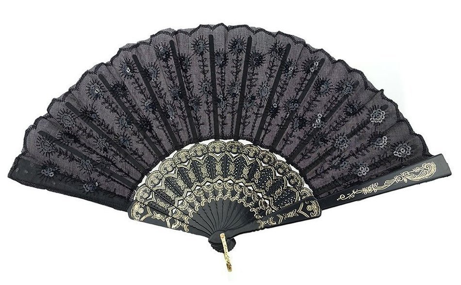 COCOTINA Embroidered Flower Peacock Pattern Sequin Fabric Folding Handheld Hand Fan Hand (Red) N12