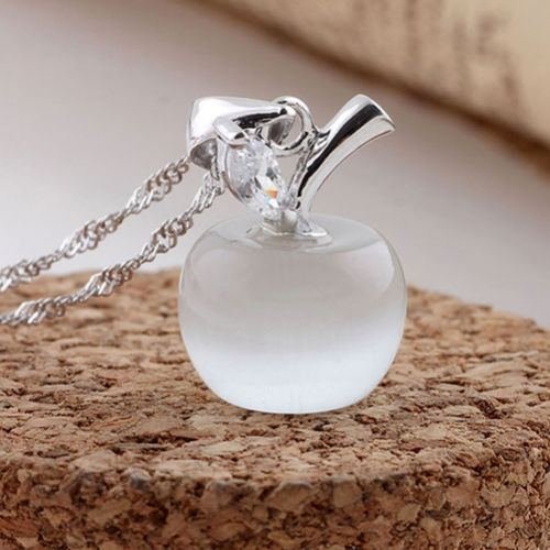 Opal White 925 Sterling Silver Apple Shape Cat Eye Stone CZ Pendant Gift N4