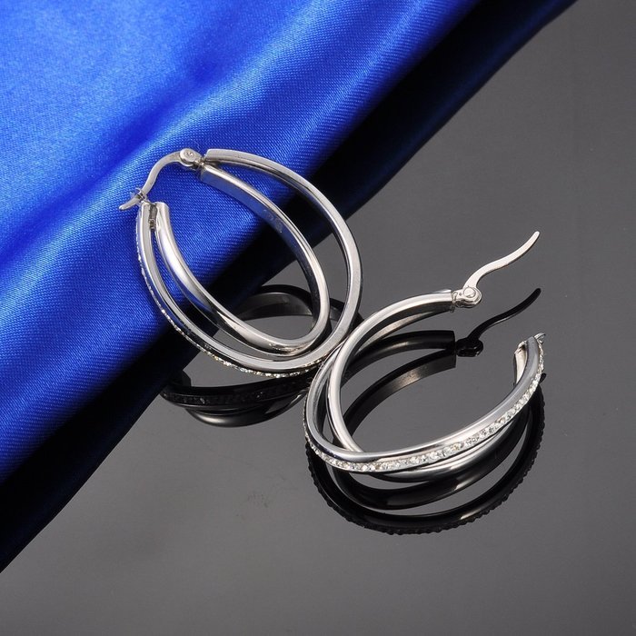 HooAMI Stainless Steel Womens Double Oval Hoop Earrings with Clear CZ Crystal