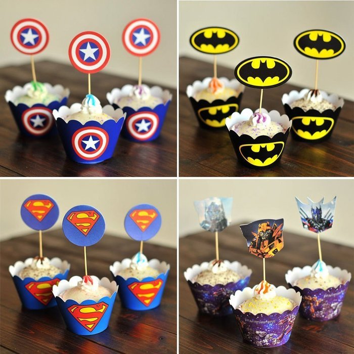 Efivs Arts 48pcs Superhero Captain America Superman Batman Transformers Decorative Cake Toppers Muffin Cupcake...