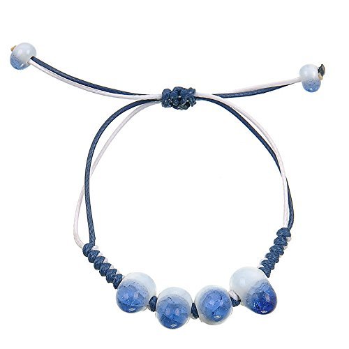 Porcelain Jewelry Ice Crack Blue Ceramic Bead Rope Chain Handmade Bracelet N3