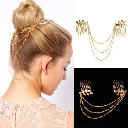 Womens Fashion Gold Metal Tassel Leaf Comb Cuff Chain Jewelry Headband Hair Band N2