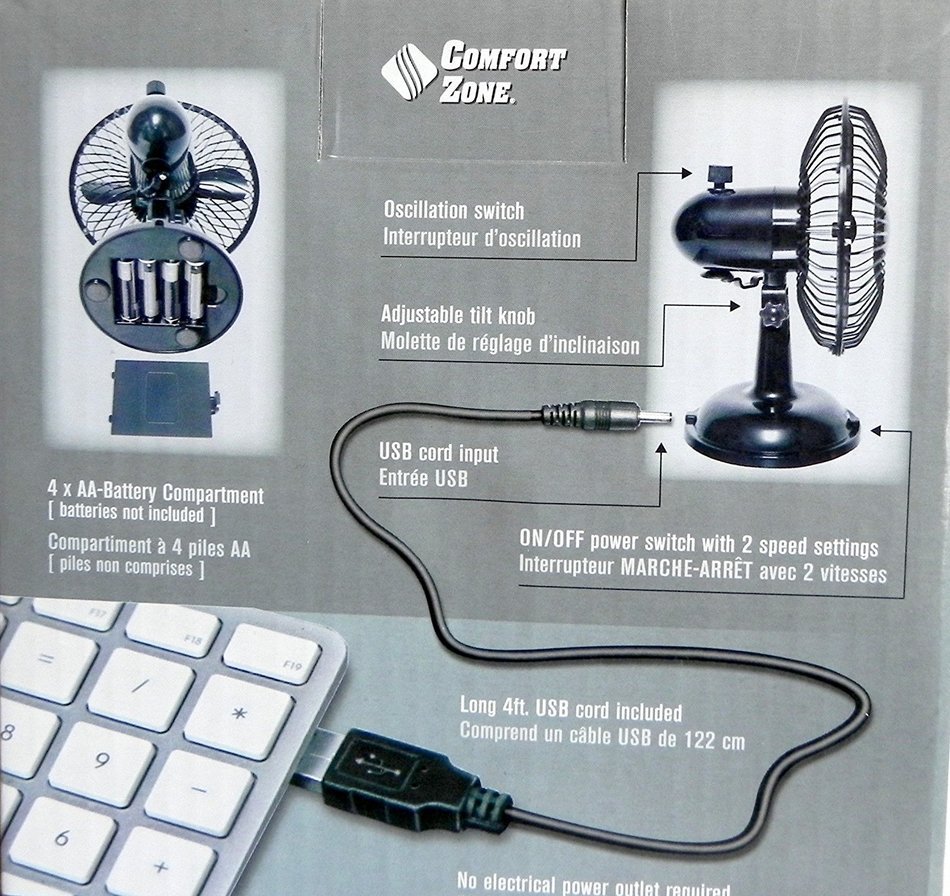 Oscillating Desk Fan Dual Powered USB or Battery Black 2 Speed Quiet Operation N3