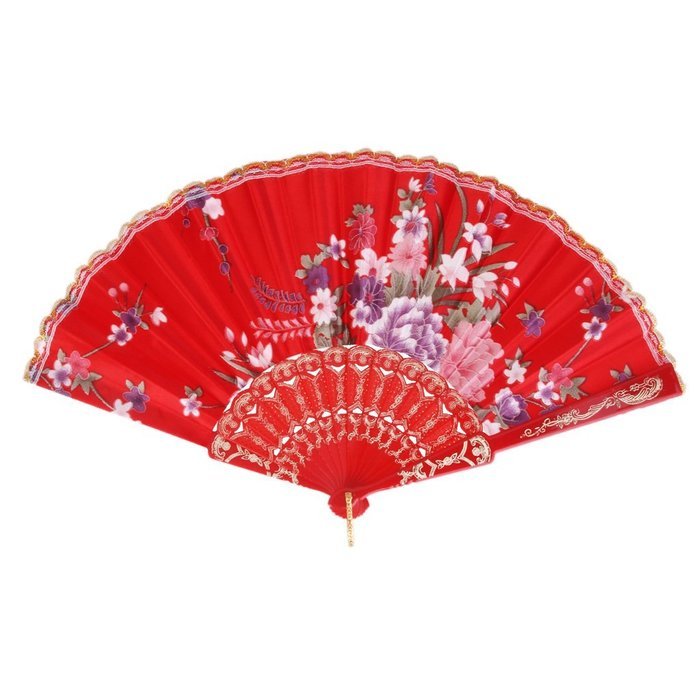 Retro Folding Spanish Floral Fabric Lace Dance Wedding Party Hand Fan - Red N8
