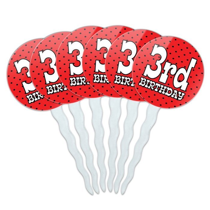 Set of 6 Cupcake Picks Toppers Decoration Birthday Party Red Black Polka Dots - 90 Ninety