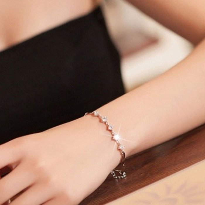New Women 925 Silver Plated Charm Shiny Crystal Chain Bracelet Bangle N5